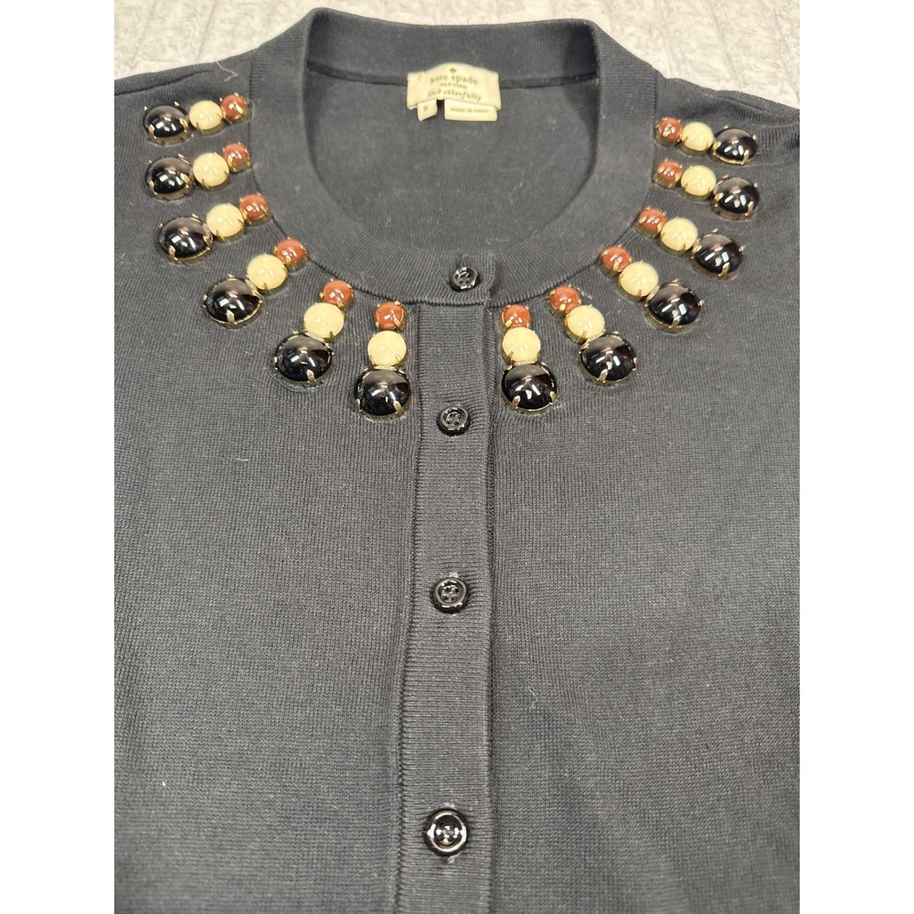 Kate Spade New York‎ Black Beaded Collar Cardigan Cotton 3/4 Sleeve Small